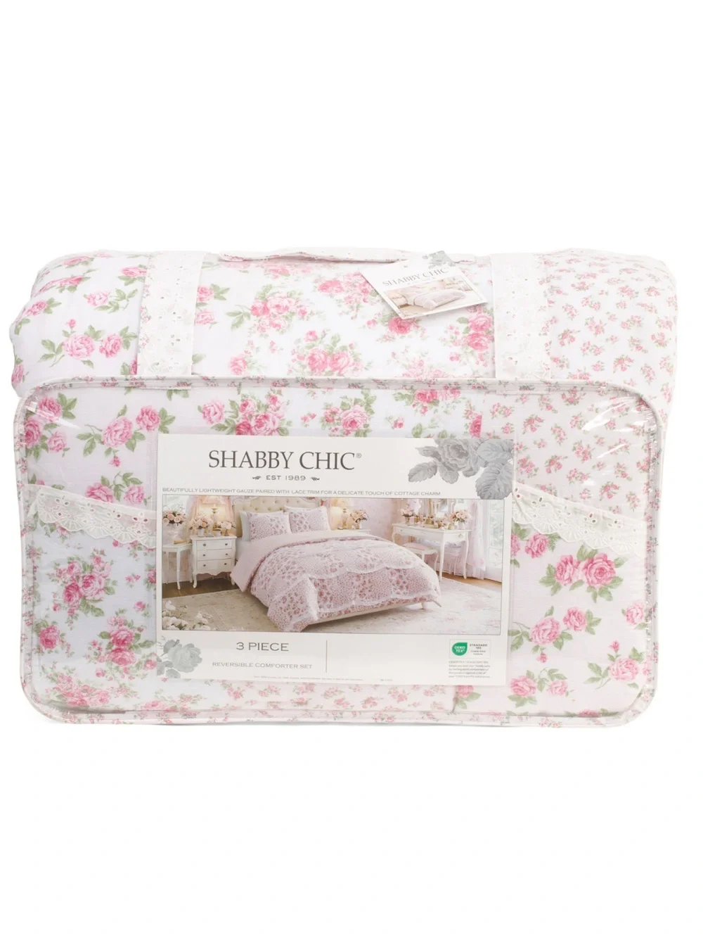 Shabby Chic Pink and White Rose Print Comforter Set king size